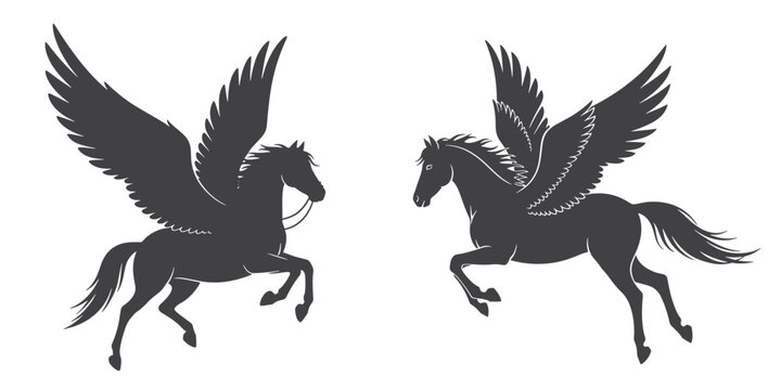 Silhouette of two winged horses flying isolated on white background