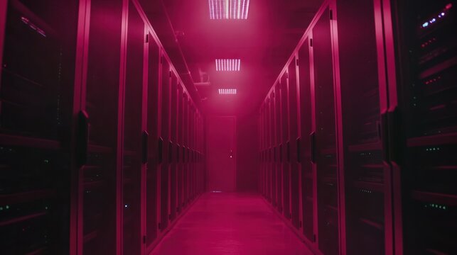 Dark server room, rows of equipment lit in magenta