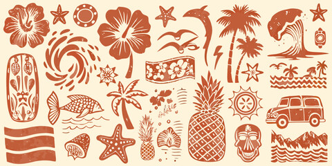 Retro travel stamps and illustrations collection in terracotta tones © Sujal