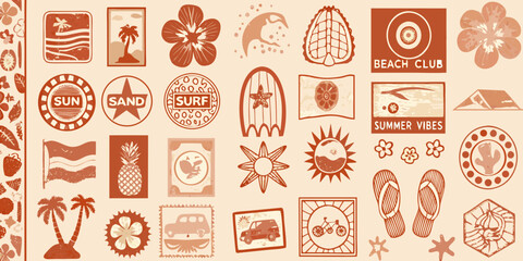Retro travel stamps collection vintage summer vacation themed illustrations © Sujal