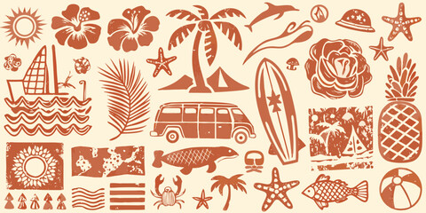 Retro travel stamps and icons vintage beach and summer themed illustrations © Sujal