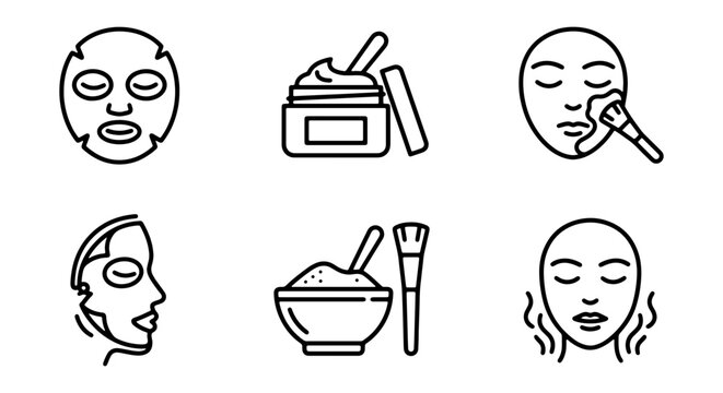 6 face mask and skincare tools in vector illustration style with black outlines on white background