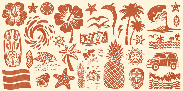 Retro travel stamps and illustrations collection in terracotta tones