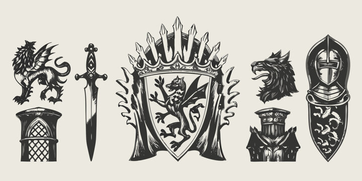 medieval heraldry silhouettes with castle towers shields and griffins