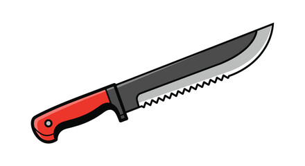 Obraz premium Survival camping knife with a sharp serrated steel blade and a bright red handle, depicted as a flat vector icon for outdoor gear themes.