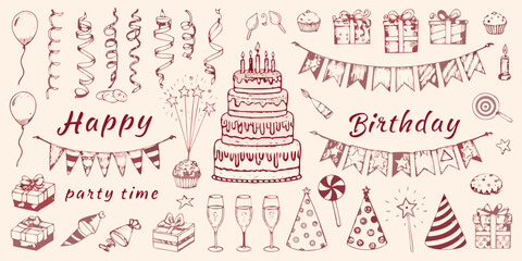 hand drawn birthday elements collection with cakes balloons and gifts © Sujal