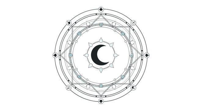 Intricate mystical magic circle featuring a crescent moon and celestial symbols, perfect for occult, spiritual, or esoteric design projects.