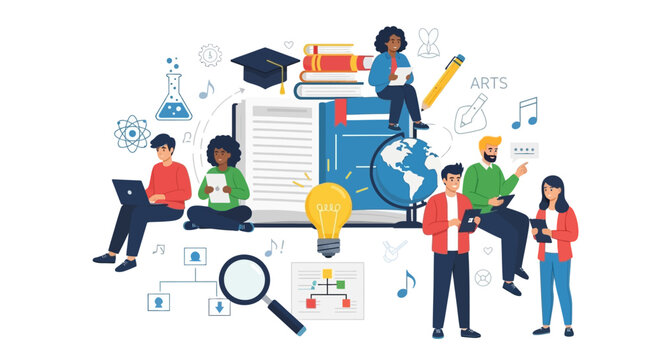 Diverse students engaged in online learning and education.