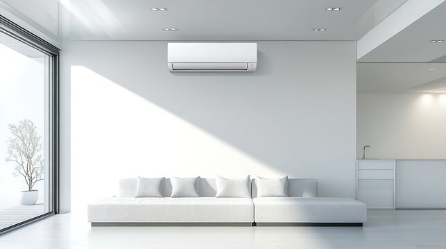 Modern, bright living room with AC unit. Sunlight streams through large windows