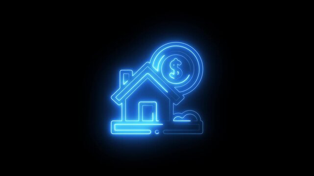 Blue neon house with magnifying glass and dollar sign