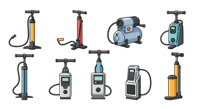 Wide variety of air pumps and compressors for inflating tires and equipment, shown as flat vector icons for maintenance and tool themes.