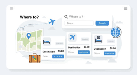 Online travel booking interface with destination search and accommodation options. © vixion