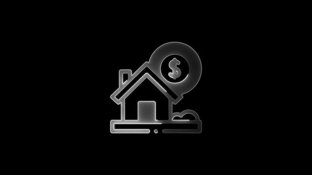 Gray house with magnifying glass and dollar sign black background