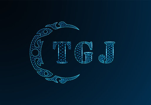 Low poly letter logo TGJ design. TGJ letter logo low poly vector design on blue color gradient background. TGJ logo low poly design