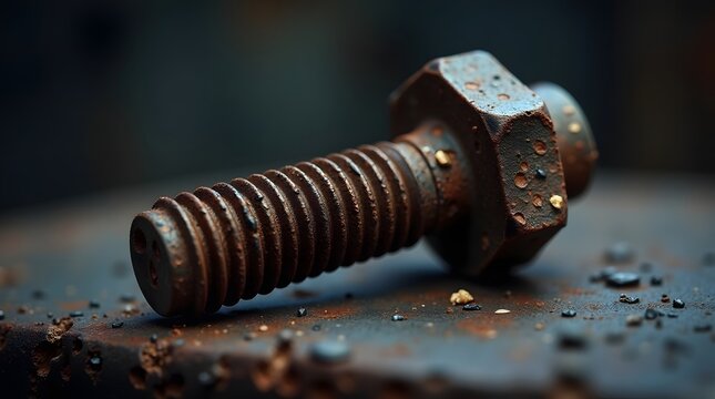 Rusty old metal bolt and nut on a gritty industrial surface. Macro shot of weathered iron hardware with corrosion and texture. Vintage mechanical engineering and heavy industry concept