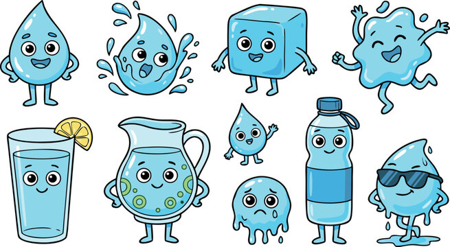 Cute cartoon water character sticker set featuring ice cube glass bottle jug and various liquid water drop emotions.