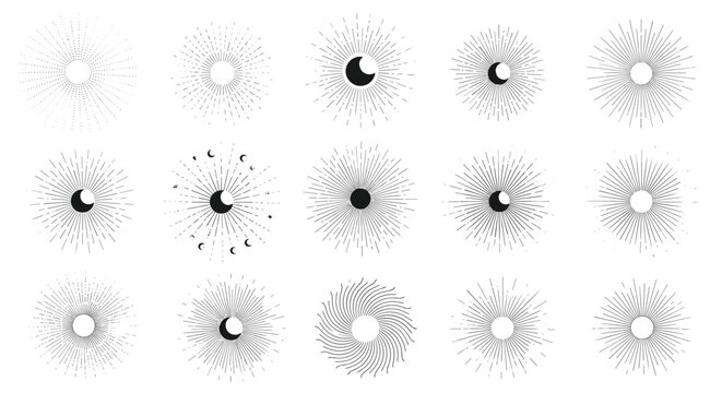 Collection of fifteen diverse sunburst and solar eclipse line drawings offers various celestial symbols for graphic design.