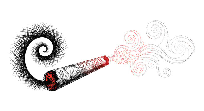 Hand drawn sketch of a smoking marijuana joint displays intricate line work and swirling red smoke against plain background.
