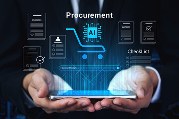 Naklejka premium Modern digital procurement concept with hands holding a smartphone displaying AI and document interfaces, emphasizing innovation and efficiency in business transactions. Cyphers