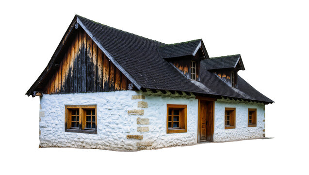 Rustic stone and wood house with dark slate roof and dormer windows