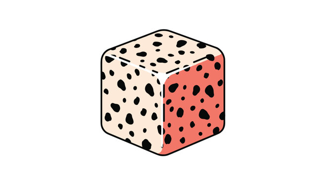 Stylized cream colored cube with irregular black spots and one pink side serves as abstract geometric object for design.