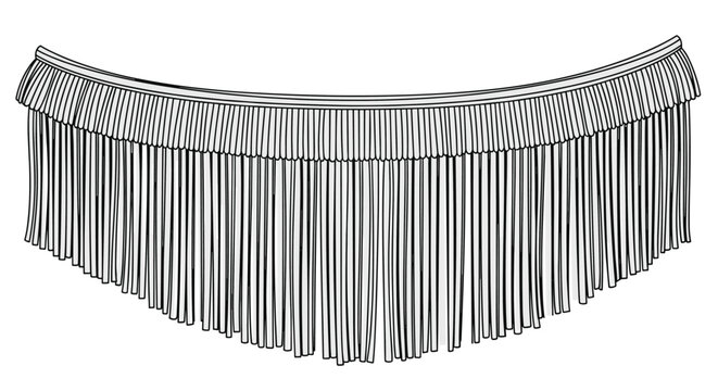 Decorative fringe trim with long tassels is shown in clean line drawing illustrating textile details for fashion or home decor.