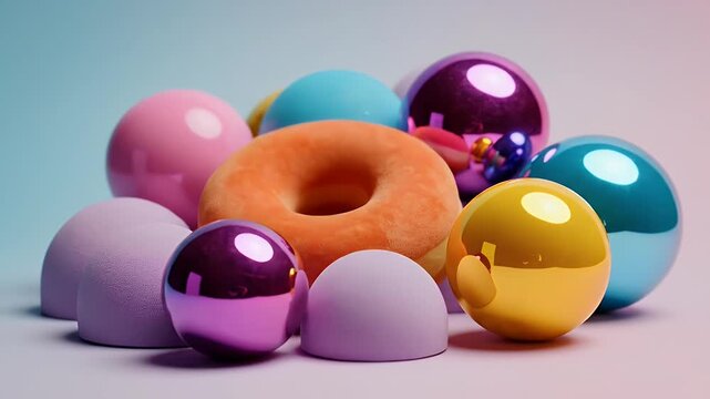 Colorful glossy Easter eggs and bright spheres arranged in a soft pastel studio setting