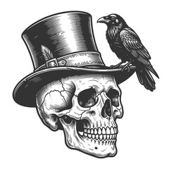 Obraz premium skull in a worn top hat with a raven perched on the brim, creating a gothic mood sketch engraving generative ai fictional character raster illustration. Scratch board imitation. Black and white image.