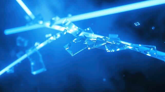 Bright blue lines fracture, creating fragmented shapes. Dark background emphasizes glowing energy, digital aesthetic.