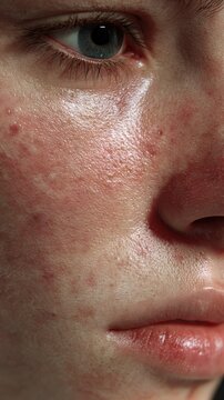 Acne-prone skin macro close-up showing textured pores, comedones and subtle inflammation for editorial