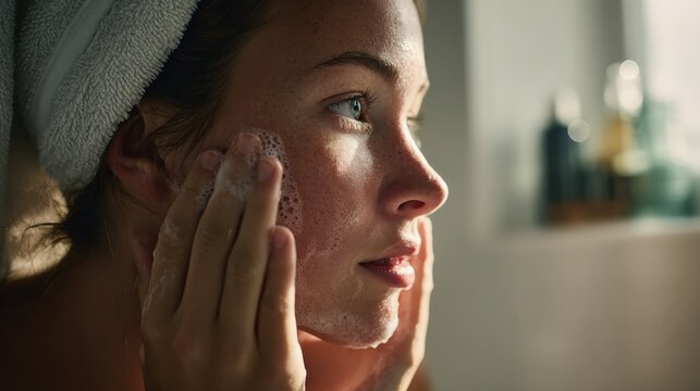 Acne-prone skin morning skincare routine applying gentle cleanser, relatable self-care foam portrait
