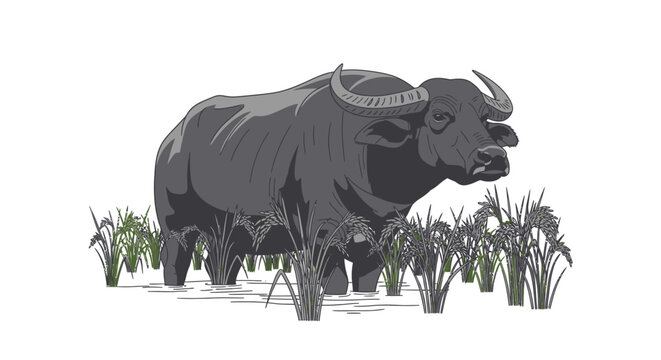 Water buffalo standing in grassy field illustration isolated on white background