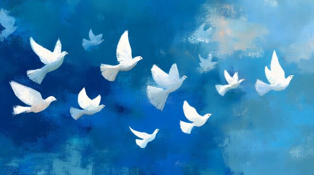 White doves fly together against a deep blue painted sky.