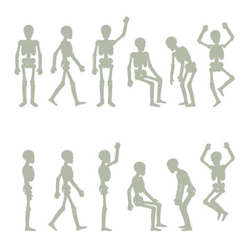 Comprehensive collection of stylized human skeleton figures in multiple active and resting postures, illustrating body movement and anatomy for educational content