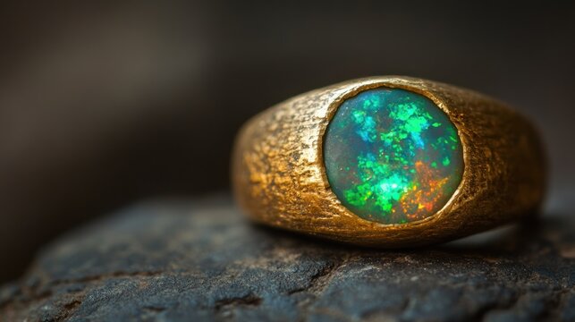 Close-up of gold ring with vibrant opal