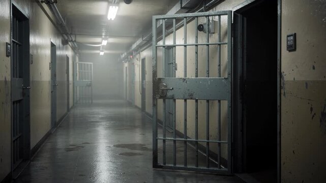 Dimly lit empty prison corridor with open metal cell doors and worn walls in a secure correctional facility