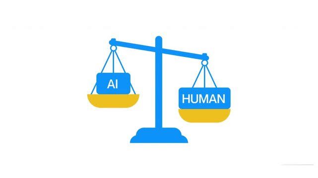 Animated scales of justice comparing AI and human capabilities on a clean white background for ethics presentations.
