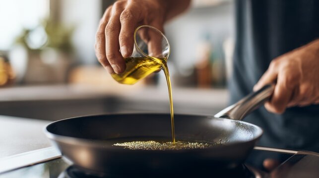 Person pouring olive oil into a hot frying pan preparing healthy food in a modern kitchen surrounded by fresh ingredients. Generative AI
