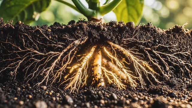 Plant roots in soil with green leaves emphasizing modern aesthetics and minimalist design