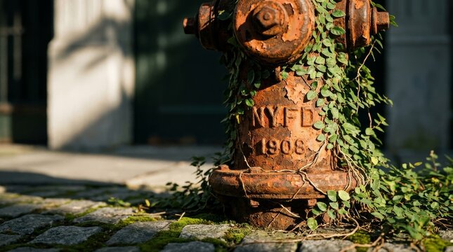 Vintage rusty fire hydrant with NYFD 1908 inscription partially covered in green ivy on a cobblestone street in a historic city area.
