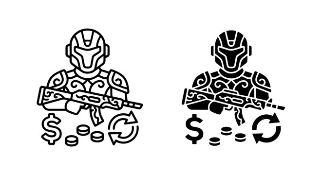 Futuristic Soldier Icons, Military Finance Symbols, Sci-Fi Warrior Coinage, Game Asset Icons