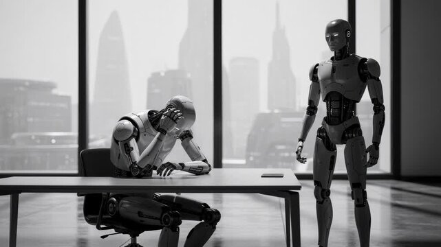 Futuristic robots interacting in modern office with cityscape background showing artificial intelligence concept
