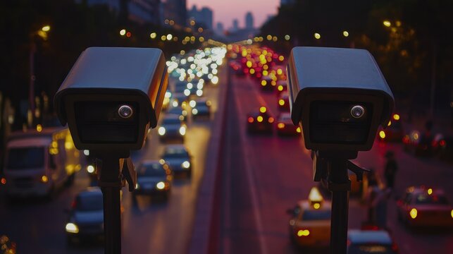 Two traffic cameras monitor a busy city highway at dusk