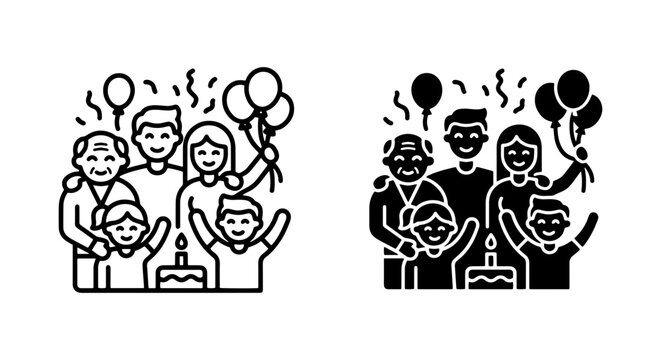 family birthday party black and white outline flat design vector set of people with balloons and cake on a clean