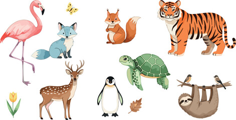 Fototapeta premium Cute Wild Animal Vector Set with Flamingo Fox Squirrel Tiger Turtle Penguin Deer Sloth and Forest Nature Cartoon Illustration Collection
