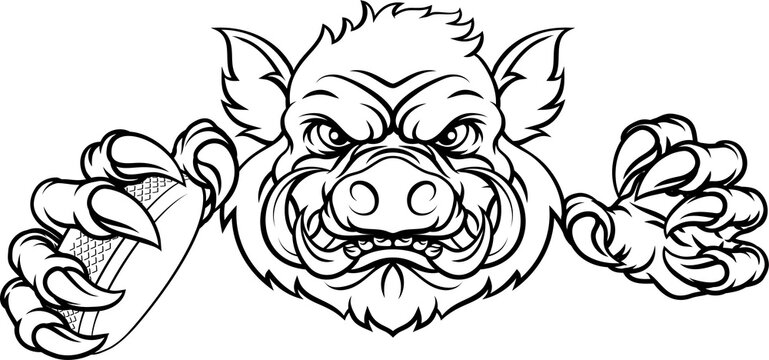 A wild boar, hog razorback warthog pig hockey sports cartoon mascot 
