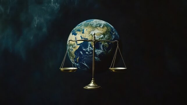 Earth balanced on scales, symbolic of justice and global equilibrium