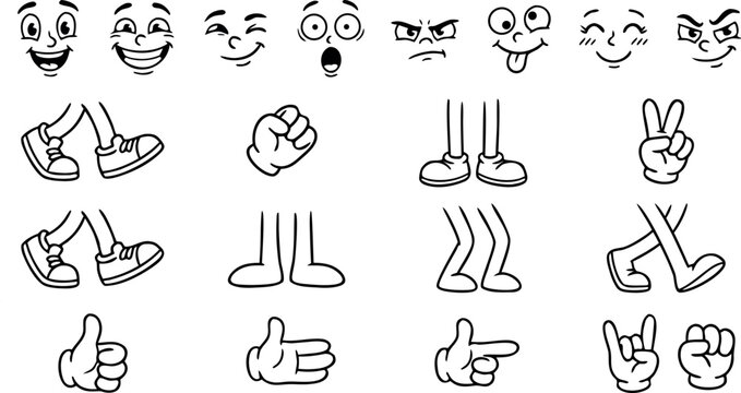 Retro cartoon character creator kit with hand drawn faces hands and legs in vintage rubber hose style.