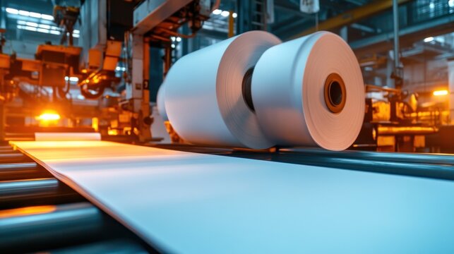 Industrial paper production line.  Large rolls of white paper move on a conveyor belt through a factory