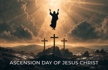 Ascension of Jesus Christ Above Three Crosses With Radiant Light and Cloudscape